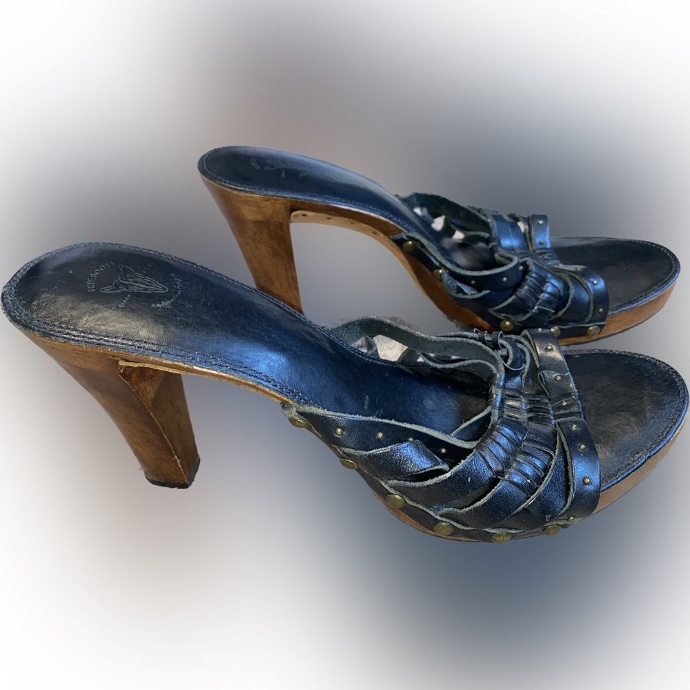 Frye Boots Black Leather Strappy Wooden Block Heel Sandals Women’s Size 9